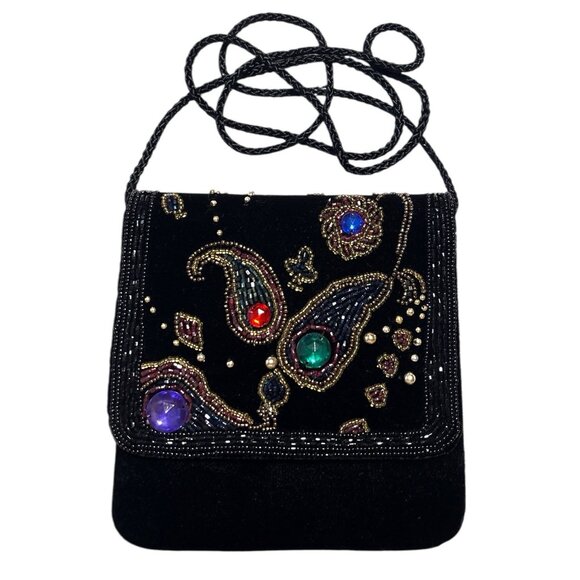 Vtg 80s Velvet Embroidered Formal Small Bag Purse Beaded Glam Retro Chic Classic - Picture 1 of 15